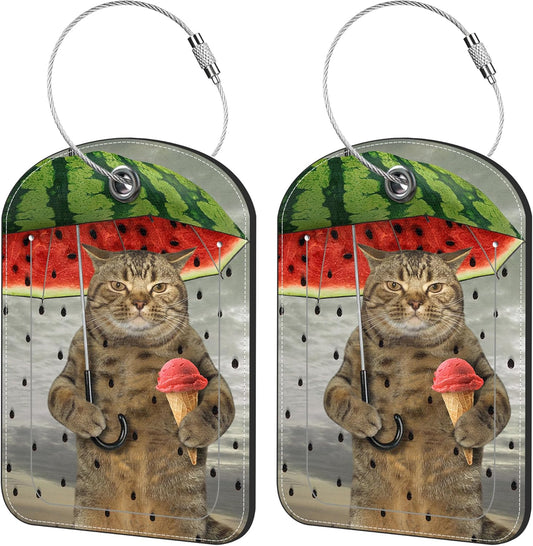 2 Pack Cute Luggage Tag for Suitcases Cute Cat and Umbrella Leather Luggage Tags with Stainless Steel Loop Privacy Flap Name Tags,Men and Women Travel Bag Suitcase Tags