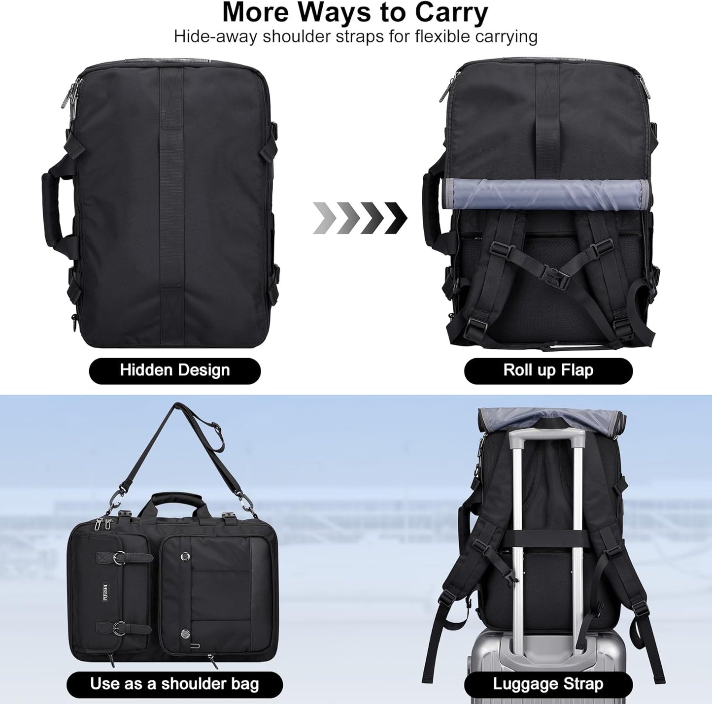 PIJUSHI Travel Backpack for Women Men Carry on Luggage Backpack Convertible Large Laptop Duffel Bag for Airplanes(PE049 Black)