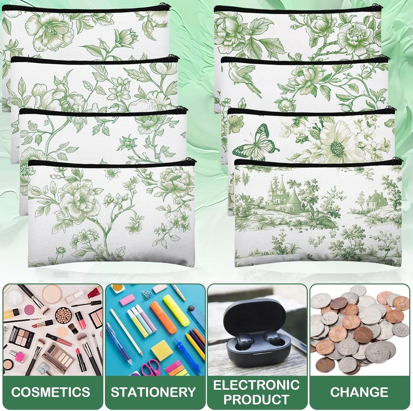 16 Pcs Floral Cosmetic Bags Bulk for Women Sage Green and White Floral Makeup Bags Chinoiserie Canvas Travel Zipper Pouches Aesthetic Toiletry Bag for Girls Bridesmaids Wedding Supplies