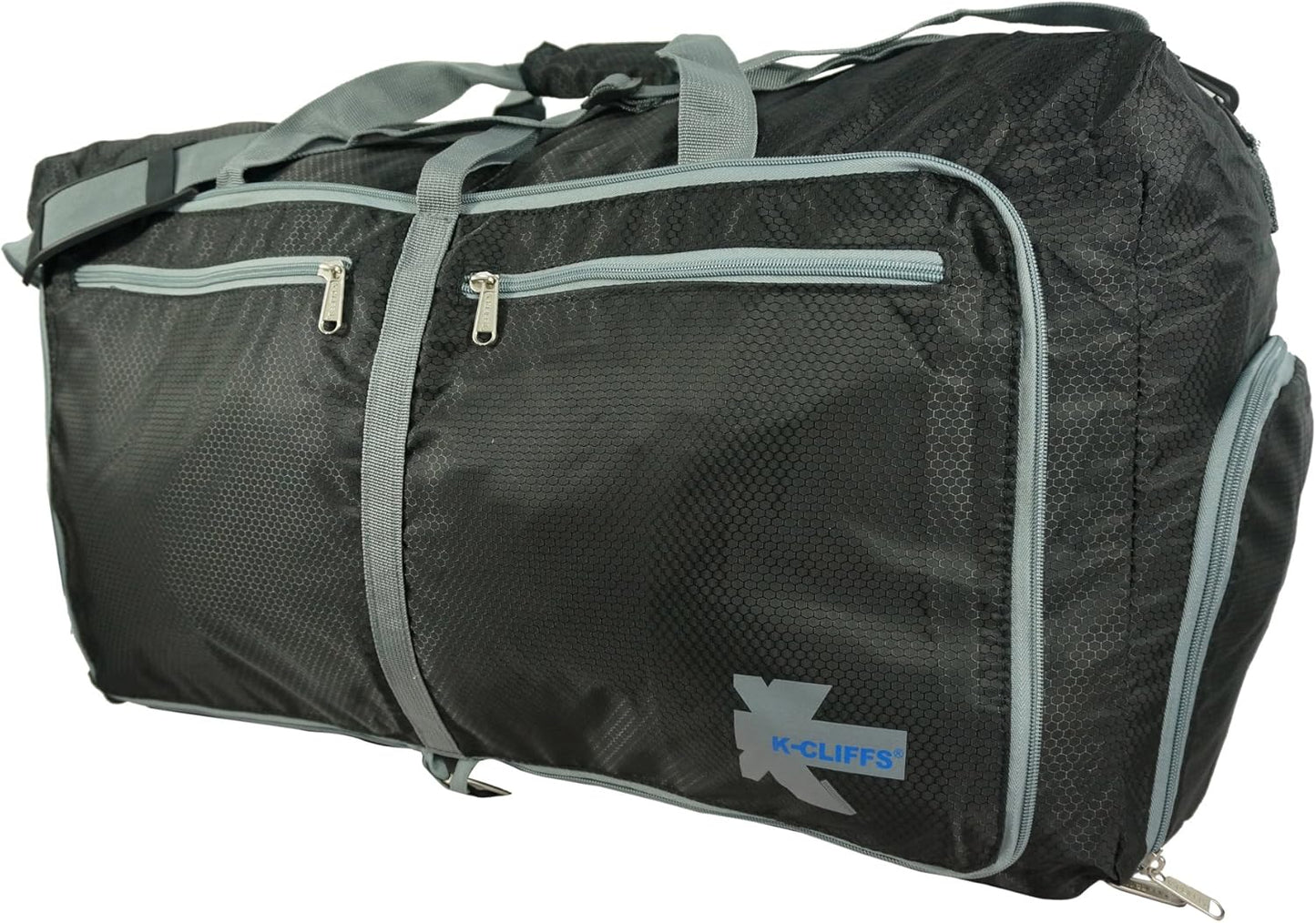 Light Weight Travel Duffel Foldable Heavy Duty Ripstop Sport Tote Gym Bag w/Shoe Pocket Black/Grey Large