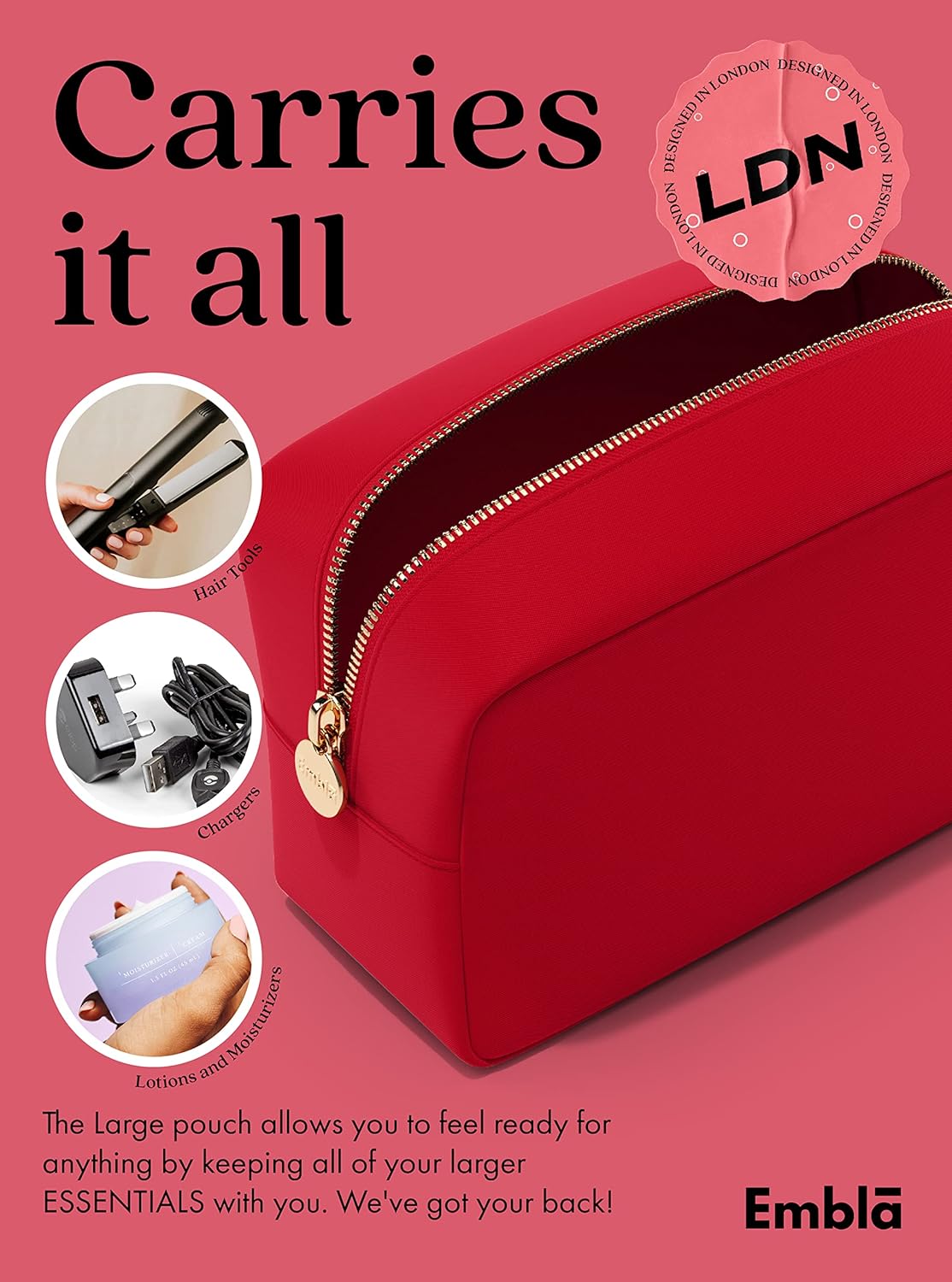 Embla Makeup Bag Travel Cosmetics Pouch and Toiletry Bag, Nylon Zipper Pouch Purse, Cute Make Up Organizer Storage Tote for Women Girls, Waterproof Travel Skincare Case, Small Makeup Bags, Ruby Red