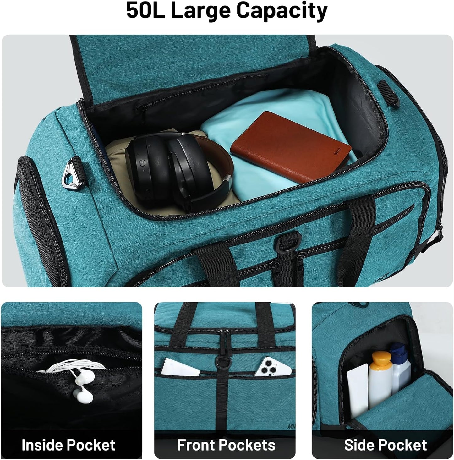 MIER Foldable Duffle Bag with Shoe Compartment 50L Travel Duffel Bags for Men Women Packable Overnight Bag for Camping Gym Weekender, Teal