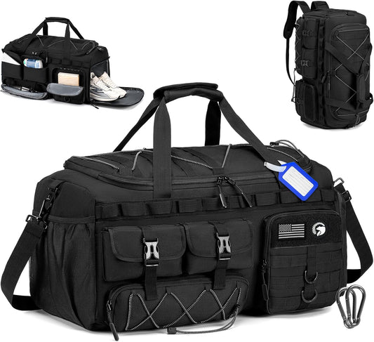Gym Bags for Men with Shoe Compartment 50L Tactical Duffle Bag 3 in 1 Carry on Duffel Bag Travel Backpack Weekender Overnight Range Bag for Workout Football, Black