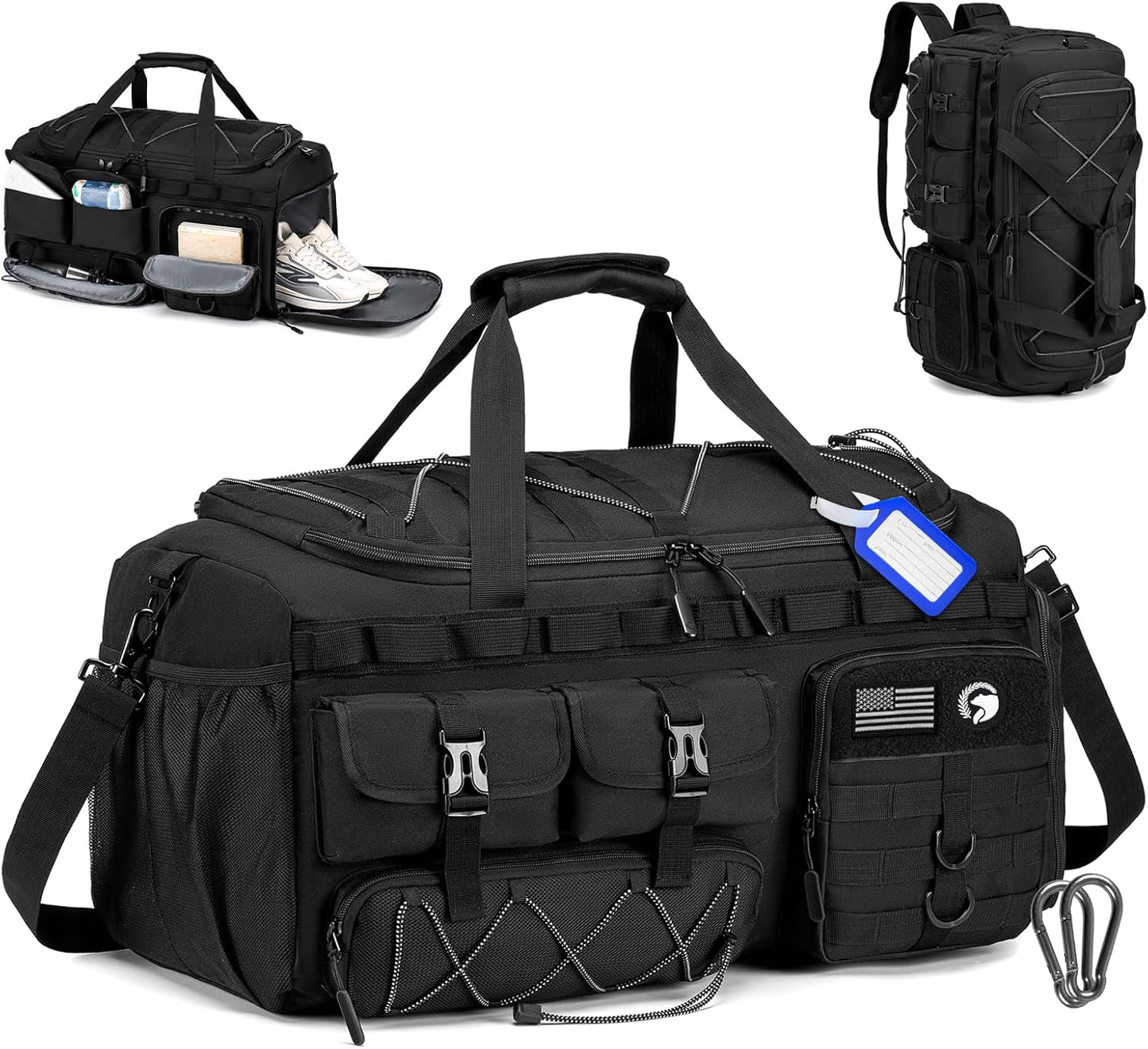 Gym Bags for Men with Shoe Compartment 50L Tactical Duffle Bag 3 in 1 Carry on Duffel Bag Travel Backpack Weekender Overnight Range Bag for Workout Football, Black