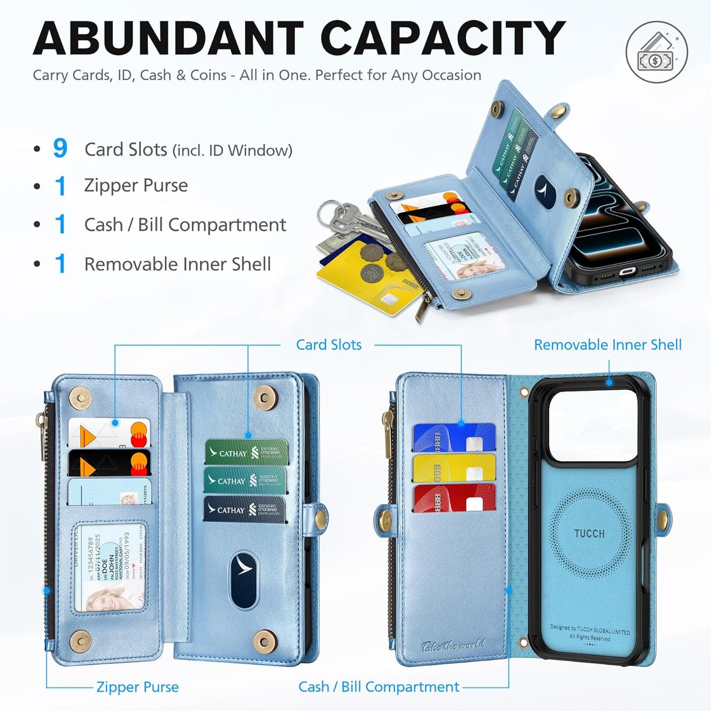 TUCCH Crossbody Detachable Wallet Case for iPhone 17 Pro 6.3" 2025, 9 Card Slots RFID Blocking | Wireless Charging | Wrist Strap Lanyard | Stand | Zipper Pocket | PU Leather Cover | Pearly Light Blue