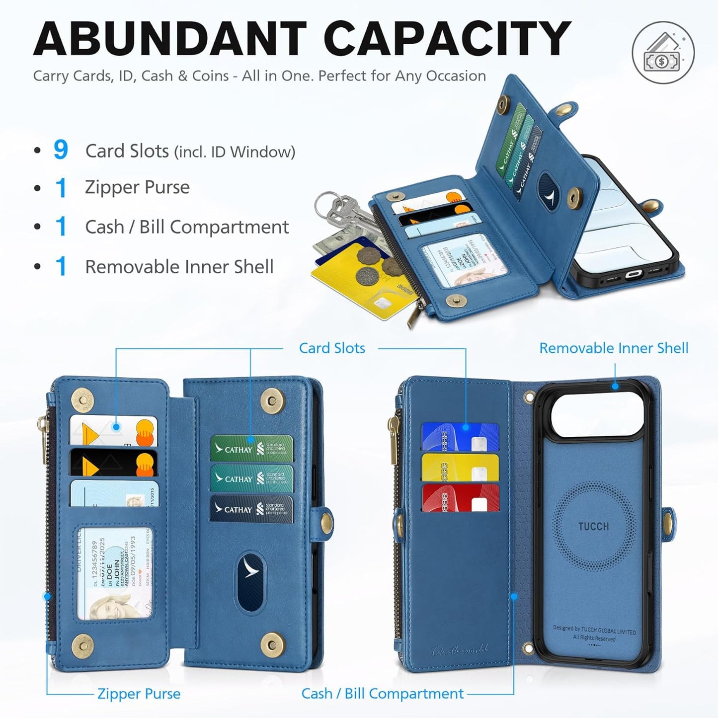 TUCCH Removable Crossbody Case Wallet for iPhone Air (6.5") 2025, Wireless Charging, RFID Blocking 9 Card Slots, Lanyard, Wrist Strap, Zipper Pocket, PU Leather, Stand Magnetic Cover, Light Blue