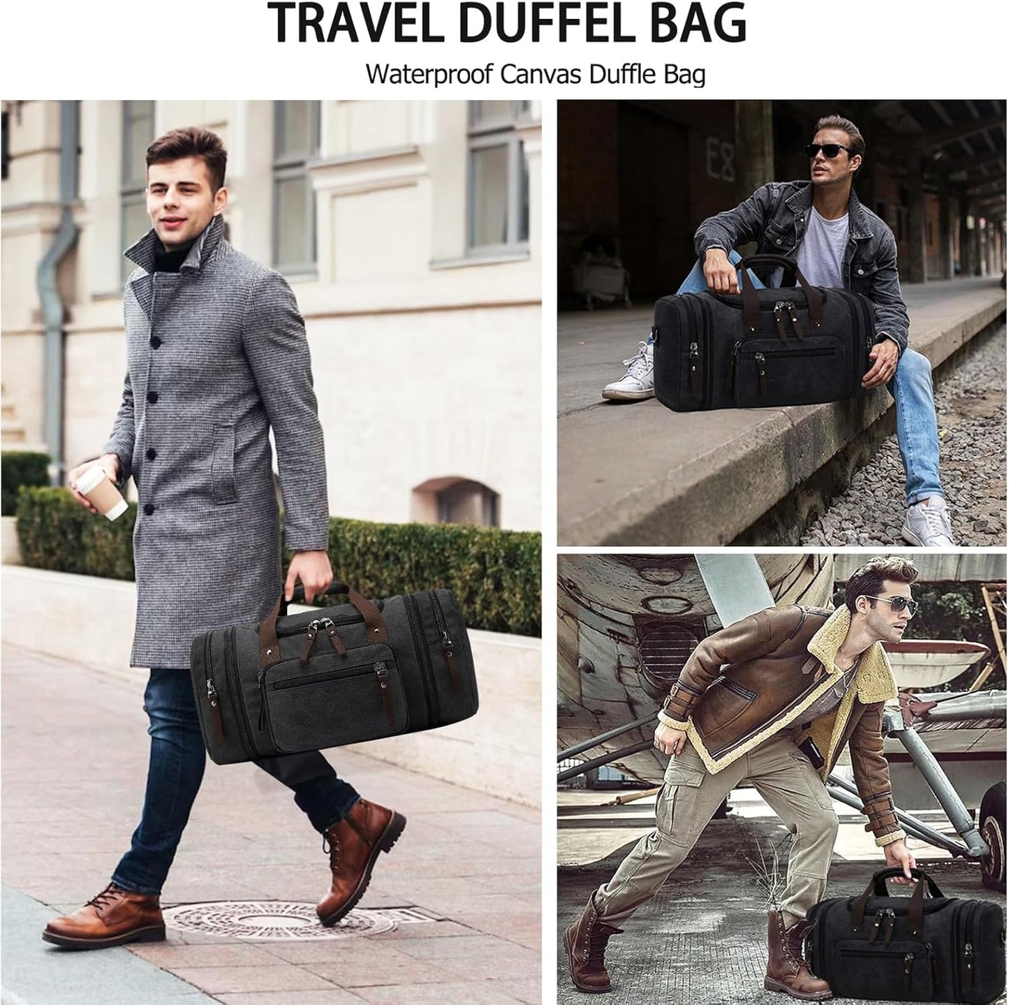 Felipe Varela Duffle Bag for Men, Canvas Expandable Duffel Bag for Travel, Mens Carry On Luggage Bags Traveling Weekender Gym Overnight Duffel Bags for Airplanes, Black