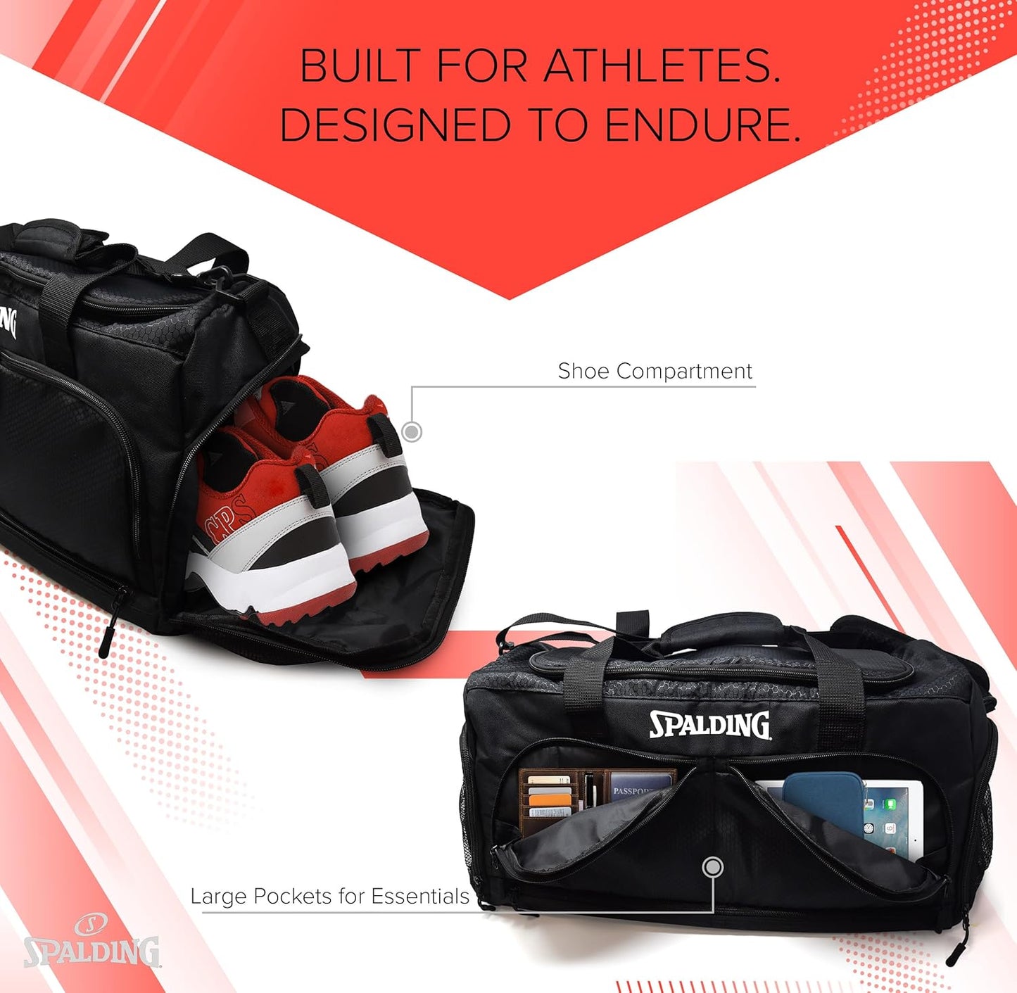 Spalding Gym Bag for Women and Men, Large Sports Duffle Bag with Shoe and Wet Pocket, 10 Zippered Compartments, Waterproof Workout Travel Bags with Adjustable Strap, Lightweight Fitness Duffel, Black