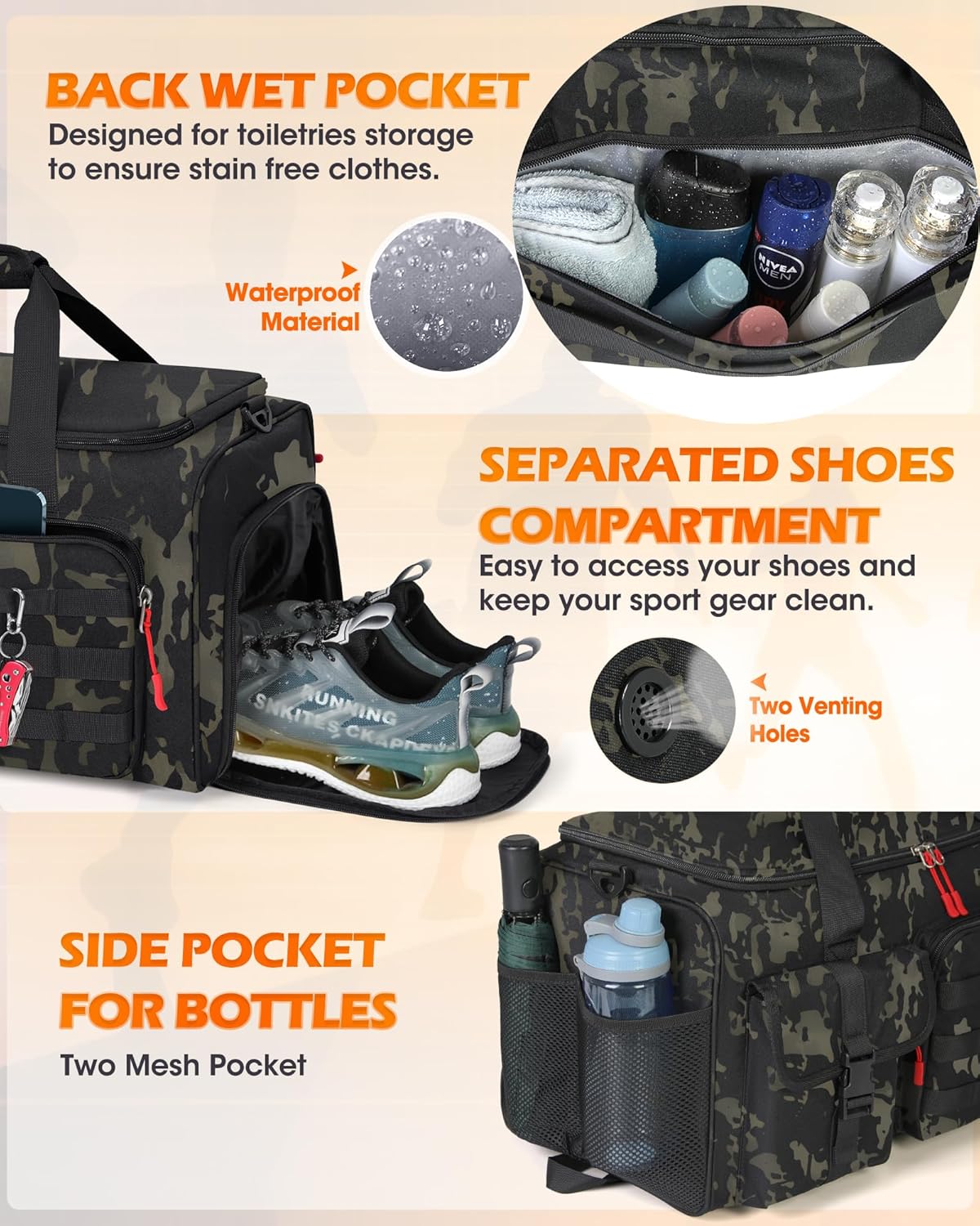 RAINSMORE Gym Bag for Men, 45L Sports Travel Duffel Bag with Shoe & Laptop Compartment, Gym Workout Backpack Carry On Weekender Bag Overnight Backpack for Travel, Green Camo