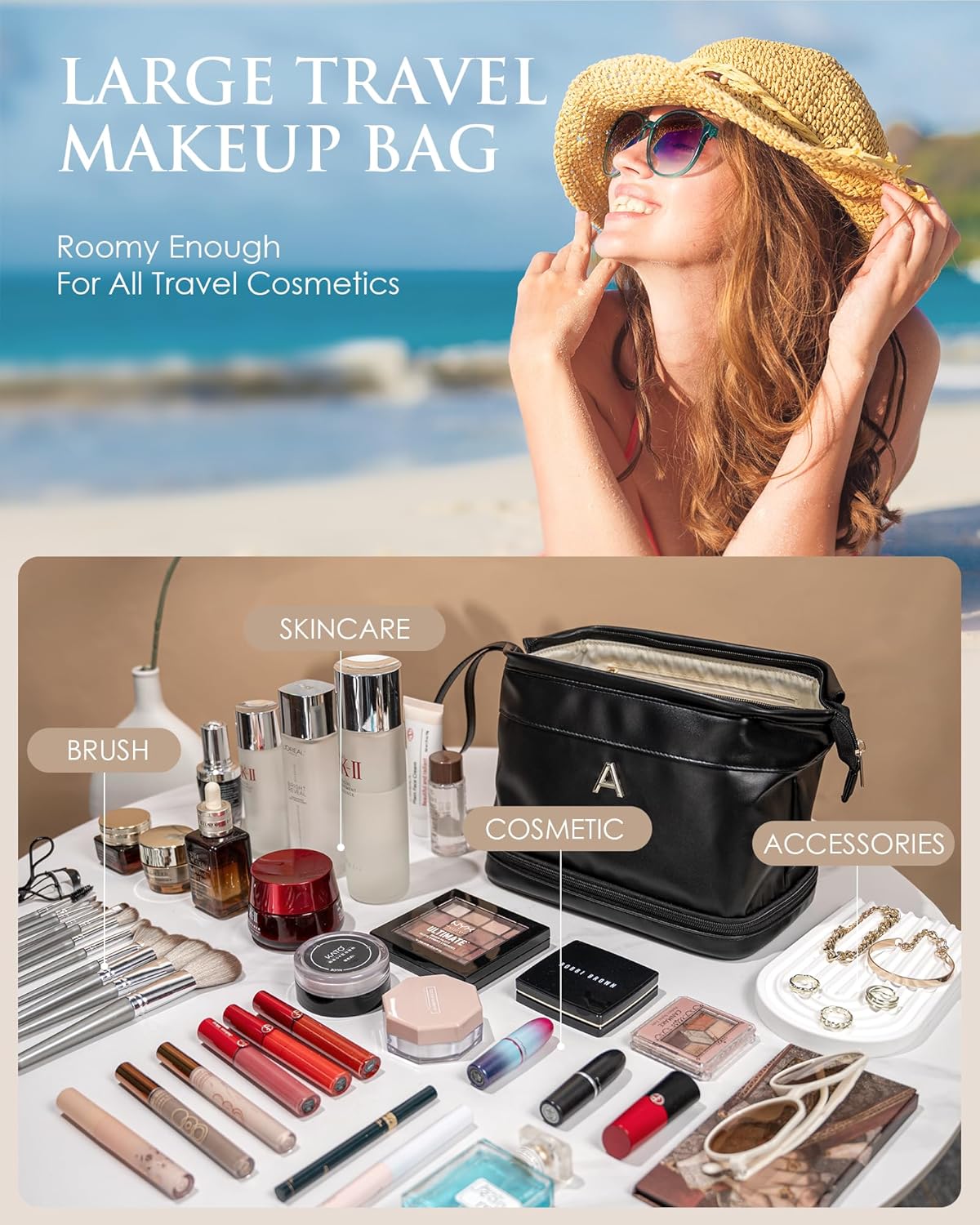 Bridesmaid Gifts for Women, Initial Makeup Bag, Personalized Double Layer Cosmetic Bag with Makeup Brush Organizer, Large Capacity PU Leather Travel Toiletry Bag, Personalized Teacher Gifts