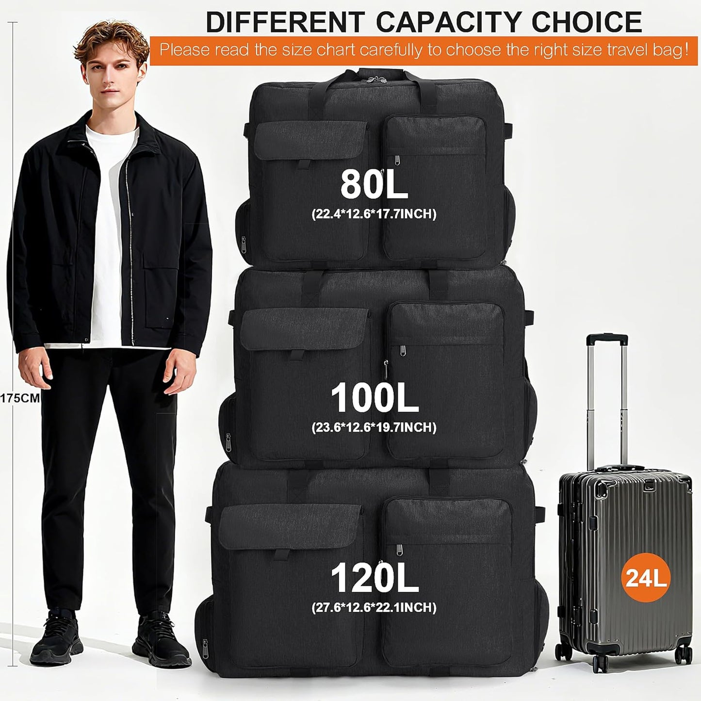 Large Travel Duffle Bag for Men Women, 80L 100L 120L Foldable Waterproof Duffle Bag, Packable Bag with Shoes Compartment for Overnight Gym Weekender Bag (Black, 80L)