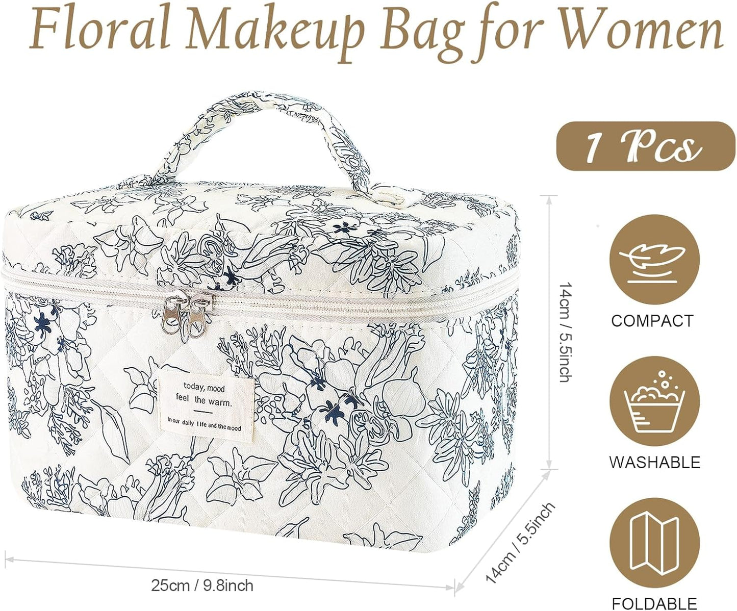 Large Travel Quilted Makeup Bag for Women, Floral Cotton Cosmetic Bag Cute Coquette Aesthetic Floral Toiletry Organizer Bag for Girls Little Blue Flower Cosmetic Zipper Storage Bag