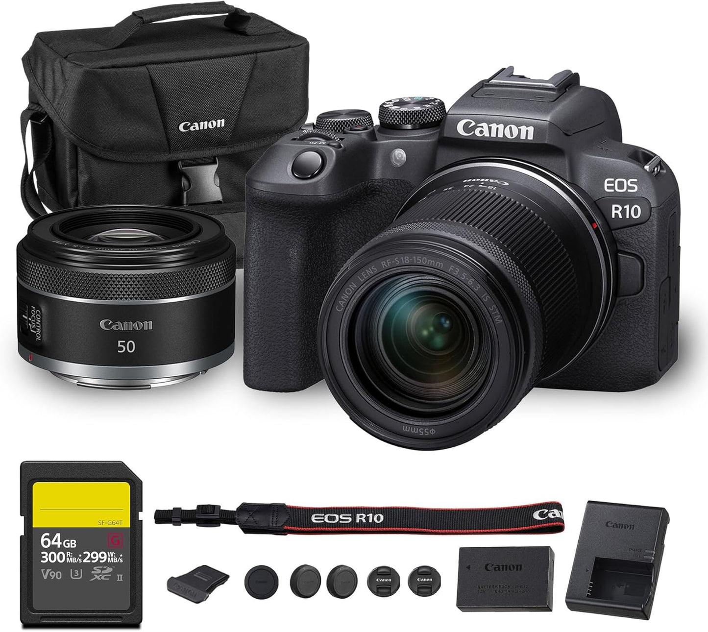 Canon EOS R10 Mirrorless Camera Kit | 24.2MP APS-C Sensor with RF-S 18-150mm Lens | 4K Video Dual Pixel AF Compact Travel Photography (5331C016) + Canon RF 50mm f/1.8 STM Lens + 64GB Card + Bag
