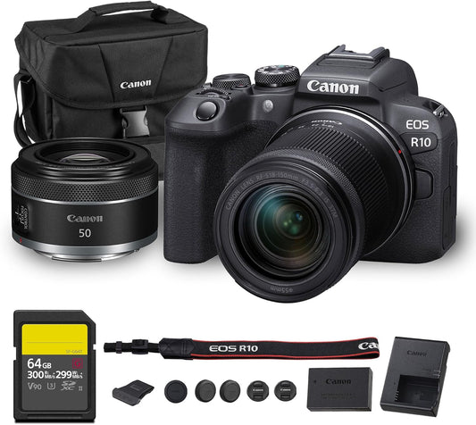 Canon EOS R10 Mirrorless Camera Kit | 24.2MP APS-C Sensor with RF-S 18-150mm Lens | 4K Video Dual Pixel AF Compact Travel Photography (5331C016) + Canon RF 50mm f/1.8 STM Lens + 64GB Card + Bag