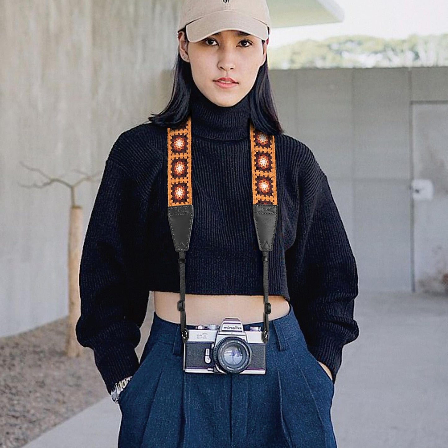 Padwa Lifestyle Yellow Crochet Camera Strap - 2" Full Grain Leather Ends Camera Straps for Photographers, Vintage Embroidered Cotton Soft Suede Fabric Padded Strap with Quick Release fits All Cameras