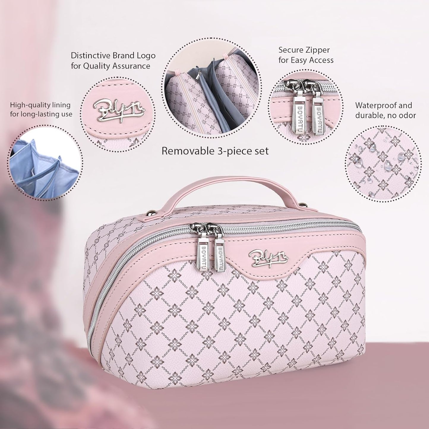 BOYATU Travel Makeup Bag Cosmetic Bags for Women: 3 Pcs Set Portable Make up Bag with Handle - Vegan Leather Toiletry Bags with Compartments - Makeup Organizer for Travel Essentials(A-2-Pink)