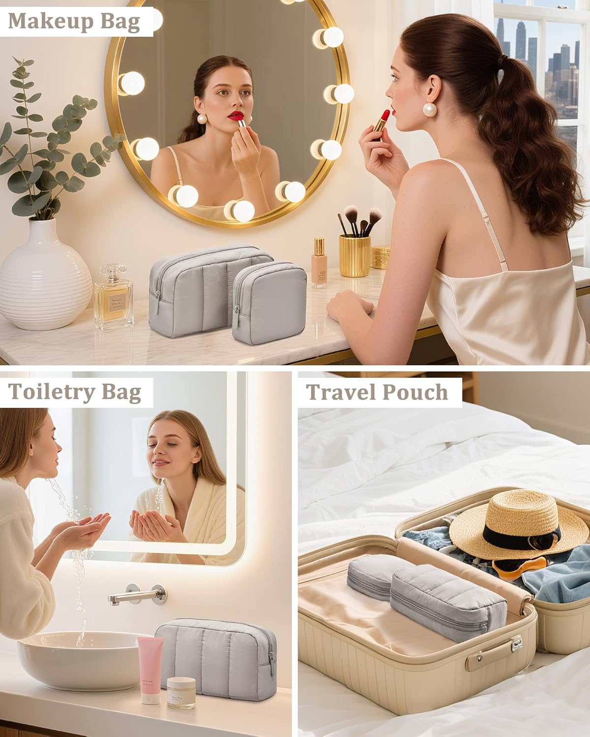 oscaurt 2 Pcs Makeup Bag Travel Toiletry Bag for Women Puffy Padded Cosmetic Pouch Purse Wide-open Makeup Organizer Case Travel Essentials