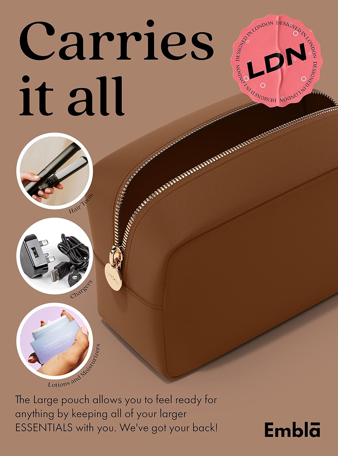 Embla Makeup Bag Travel Cosmetics Pouch and Toiletry Bag, Nylon Zipper Pouch Purse, Cute Make Up Organizer Storage Tote for Women Girls, Waterproof Travel Skincare Case, Large Makeup Bags, Chocolate