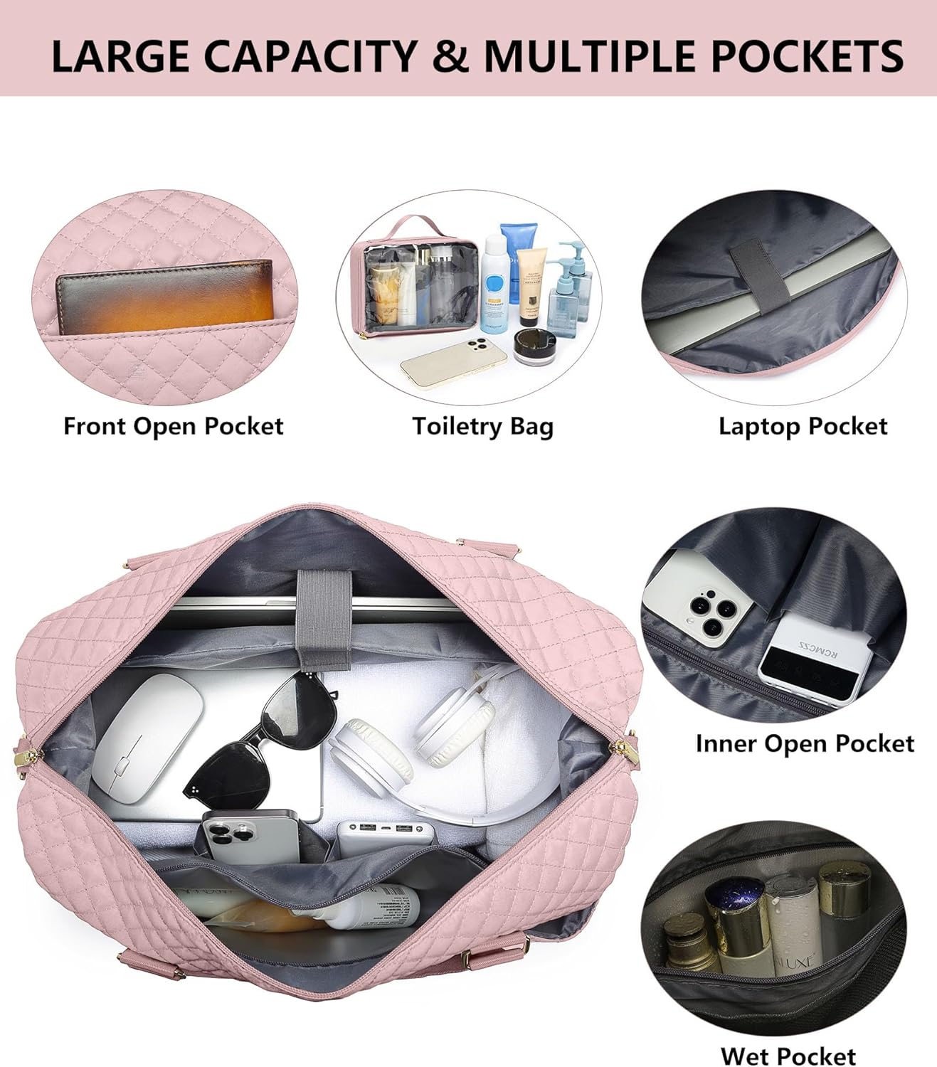 Weekender Duffle Bags for Women - Travel Duffel with Shoe Compartment, Carry On Overnight Bag, Gym Tote with Wet Pocket, Pink