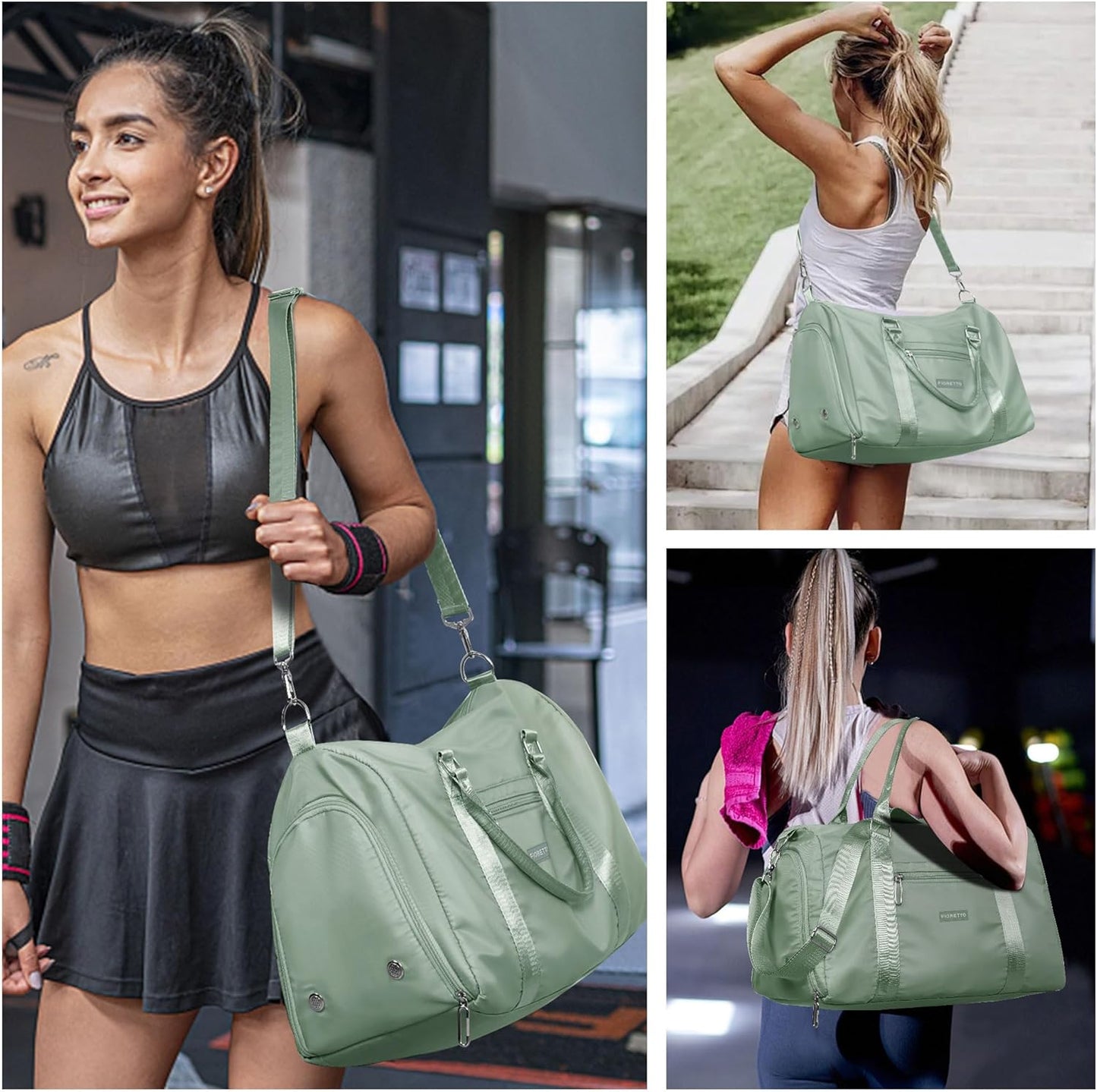FIORETTO Womens Gym Tote Duffle Bag with Toiletry Bag, Sports Duffel Overnight Hospital Workout Carry on for Girls with Wet Pocket & Shoe Compartment, Ideal for Travel, Swimming, Celadon