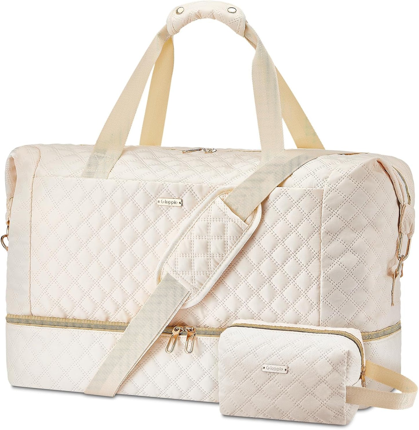 Gloppie Weekender Bags for Women with Shoe Compartment, 39L Large Travel Duffel Bag, Carry On Overnight Gym Bags with Wet Pocket, Hospital Bag for Women Labor Delivery, 2 Pcs Set, Beige