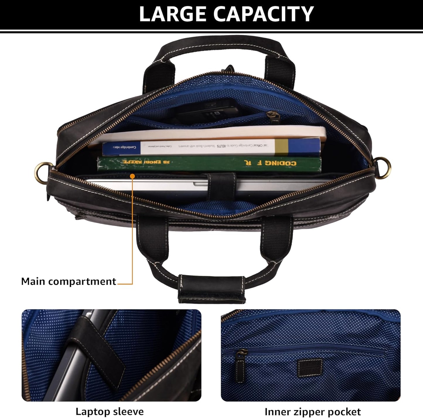 LEATHER VILLAGE 16" Leather Laptop Messenger Briefcase Bag for Men-Leather Satchel for Travel and Office Shoulder Bag-Black