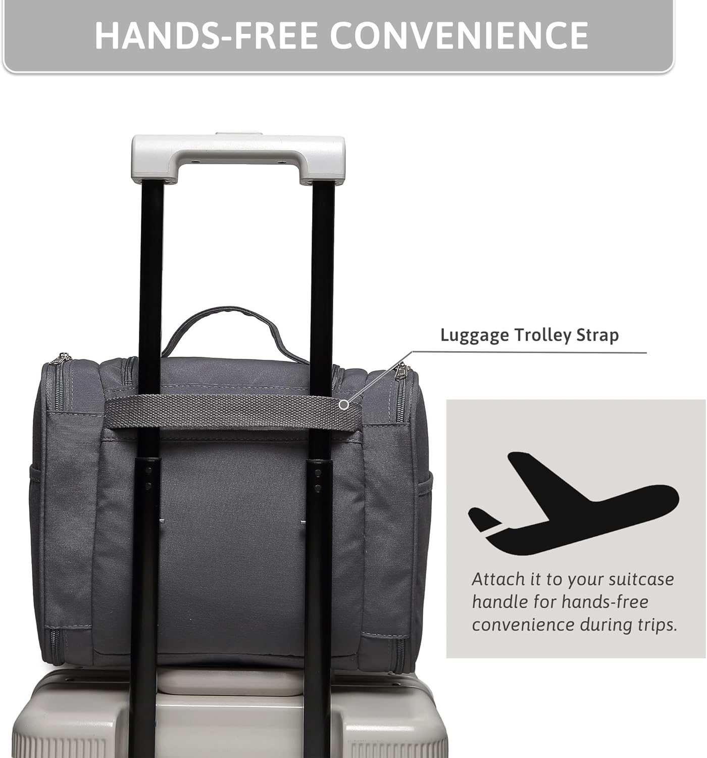 Pearl Angeli Hanging Toiletry Bag for Women, Large Makeup Cosmetic Bag, Water Resistant Toiletries Travel Essentials Organizer, Full-size Container, Grey