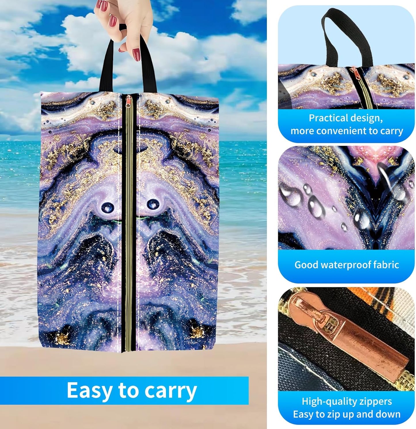 2pcs Shoe Organizer for Travel, Packing Shoe Travel Bags, Cute Shoe Bag with Zipper & Handle, Portable Travel Essentials for Women and Men Purple Marble