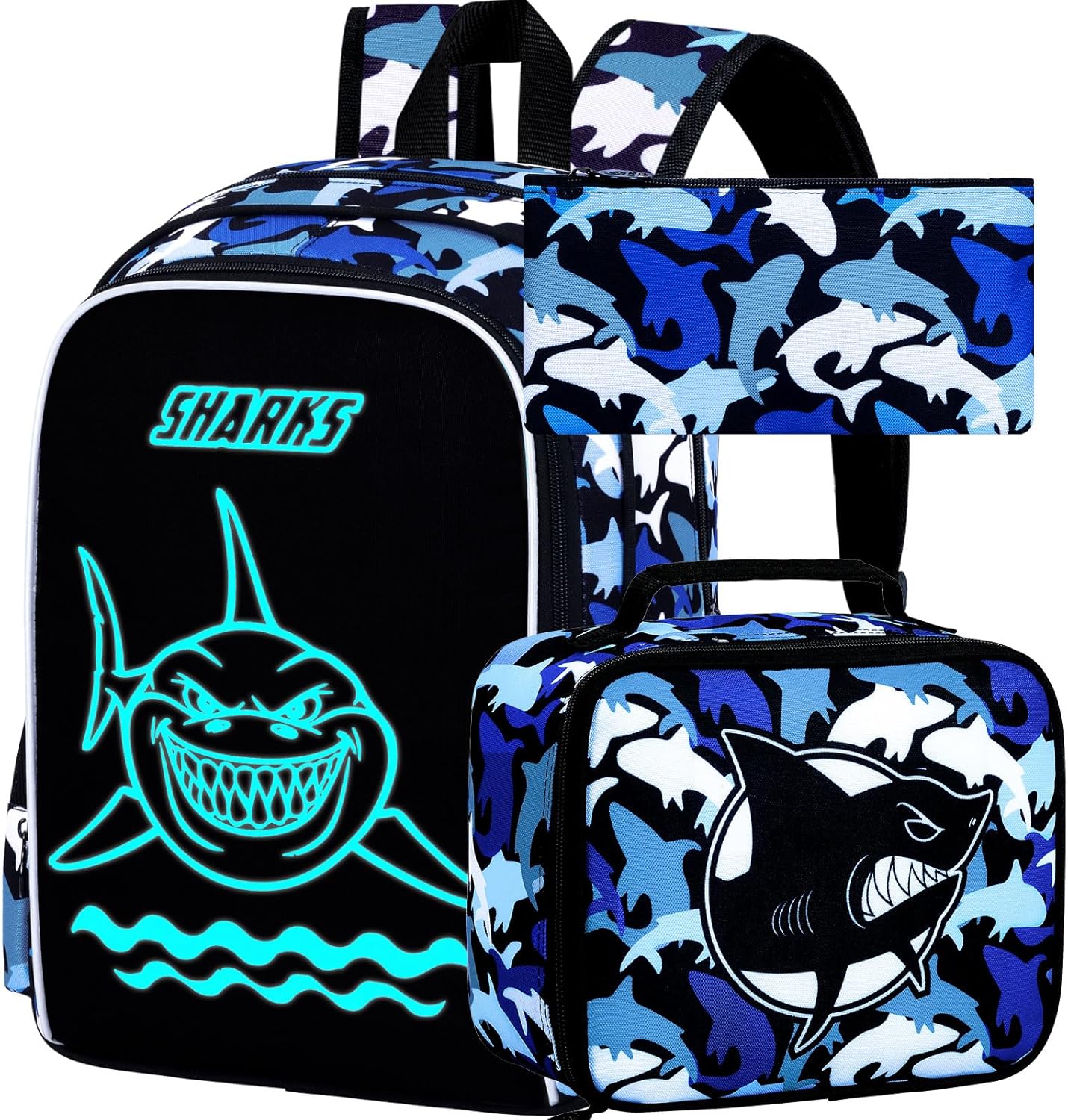 17 Inches Glow in The Dark Shark Backpack for Boys, 3Pcs School Bookbag Set for Teens, Laptop Backpacks with Lunch Bag(Blue)