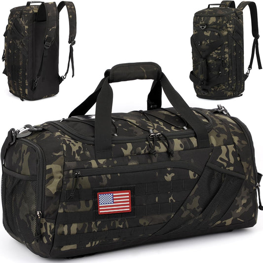 3-in-1 Tactical Gym & Travel Duffle Bag Backpack Men Multi-Functional 45L Military Sports Duffle Bag with Shoe Compartment & Wet Pocket for Workout Weekender Overnight Bag with Molle Webbing, Camo