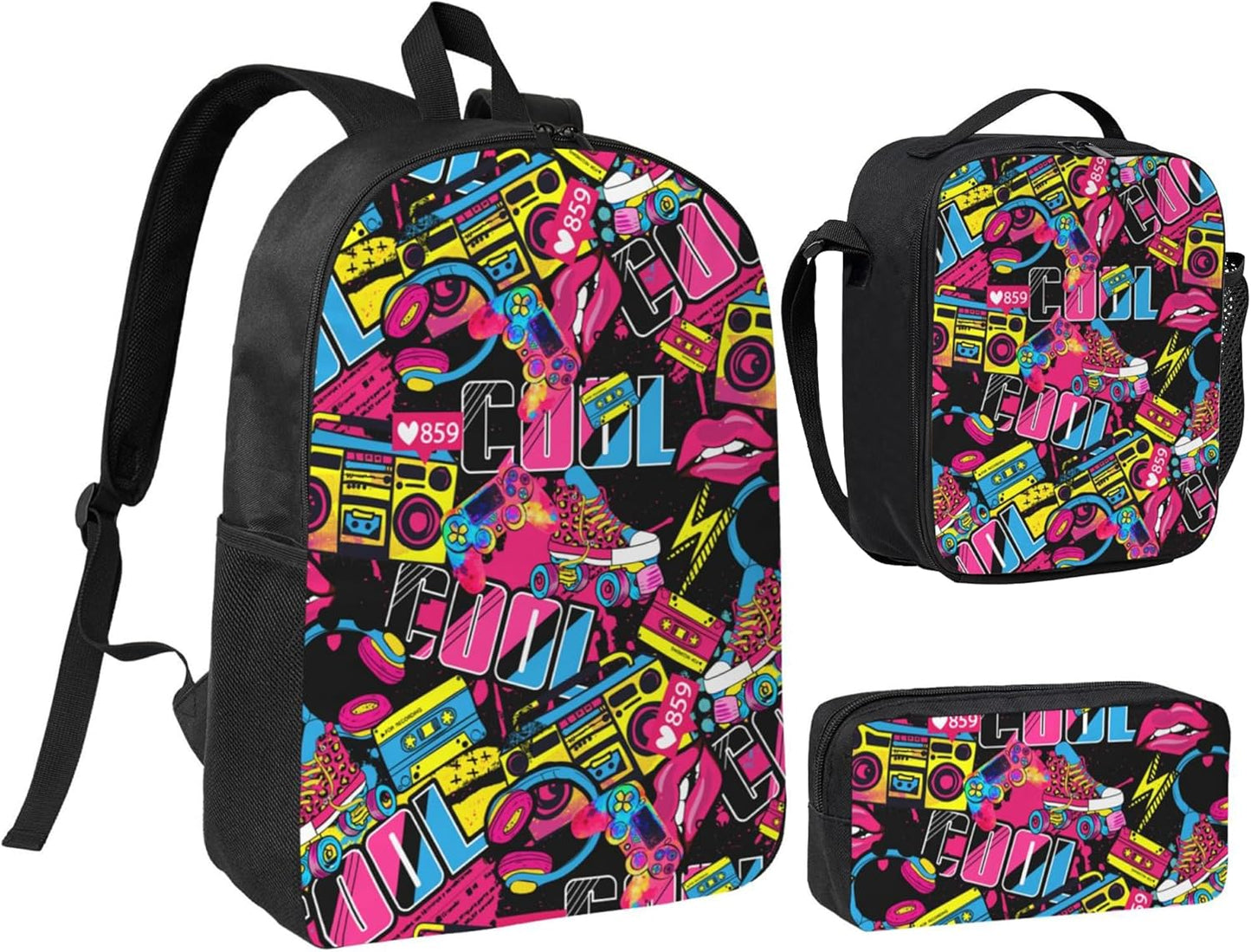 Hip Hop Kid Graffiti Backpack Set with Lunch Bag & Pencil Case Large Capacity School Bag 17 Inch Bookbag for Boy Girl