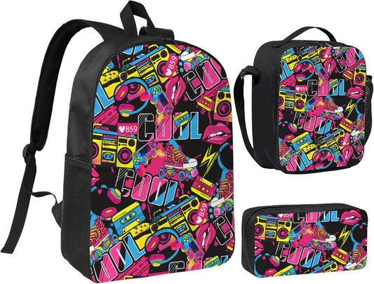 Hip Hop Kid Graffiti Backpack Set with Lunch Bag & Pencil Case Large Capacity School Bag 17 Inch Bookbag for Boy Girl