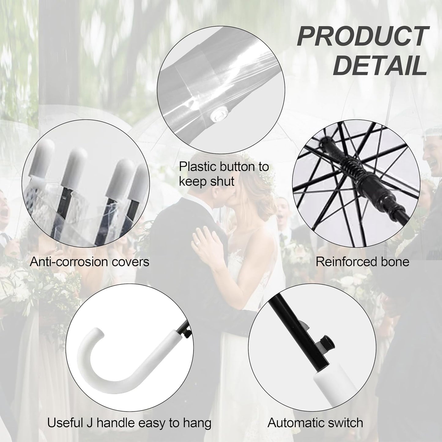 12 Pack Clear Wedding Umbrellas Bulk Transparent Auto Open Close Windproof Waterproof Stick Umbrellas with White J-Hook Handle for Brides, Grooms, Photography & Outdoor Events