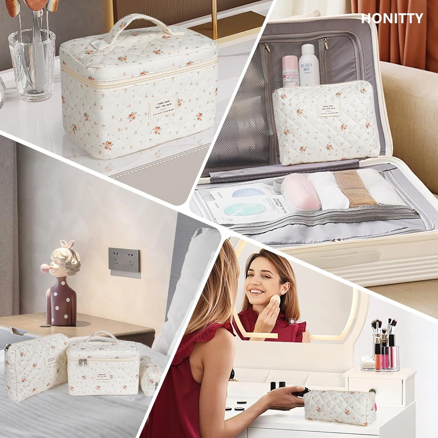 Makeup Bag,Quilted Cosmetic Bags,Large Floral Make Up Organize bag,Makeup Bag Set for Women,Flower Travel Toiletry Bag