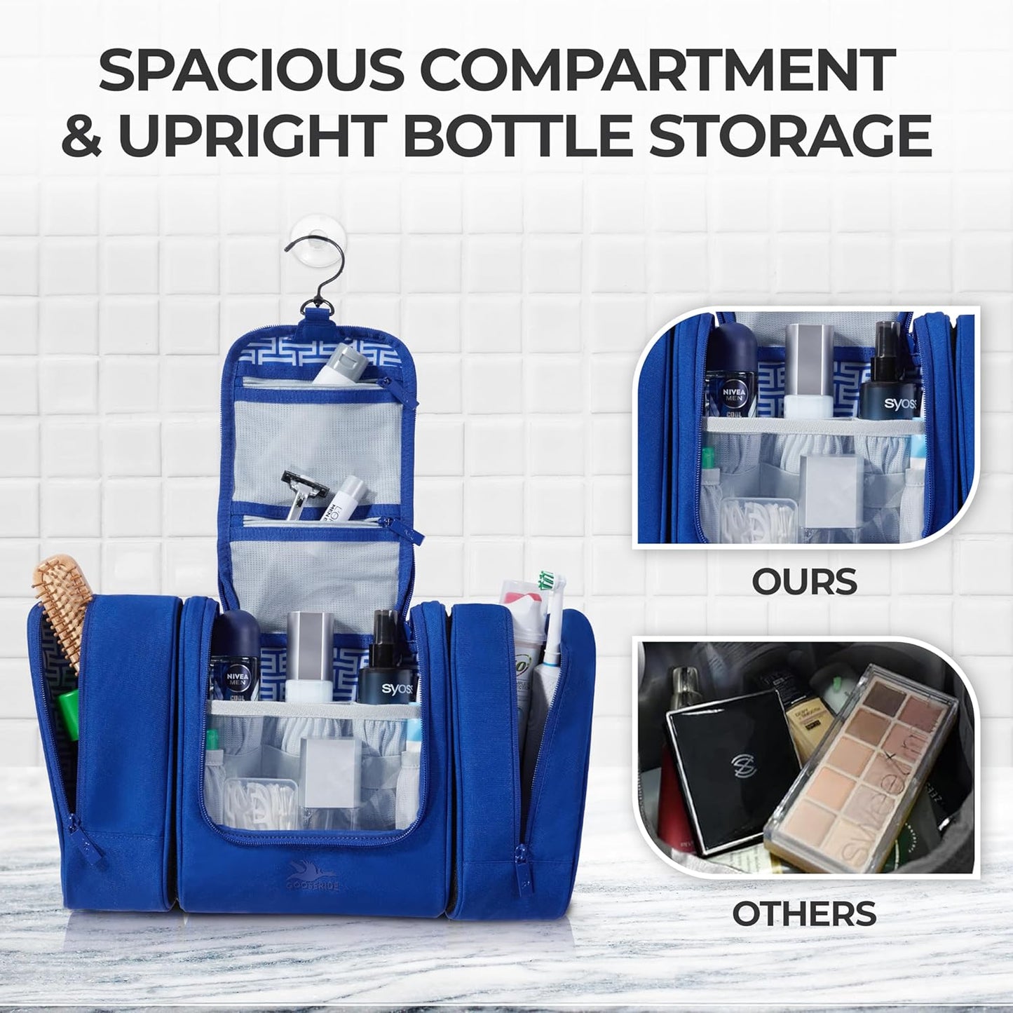 Travel Toiletry Bag for Women and Men - Hanging Cosmetic Travel Bag w/ 3 Detachable Organizer, Durable Hygiene Bag, Hanging Toiletry Bag Men or Makeup Case for Skincare - Royal Blue