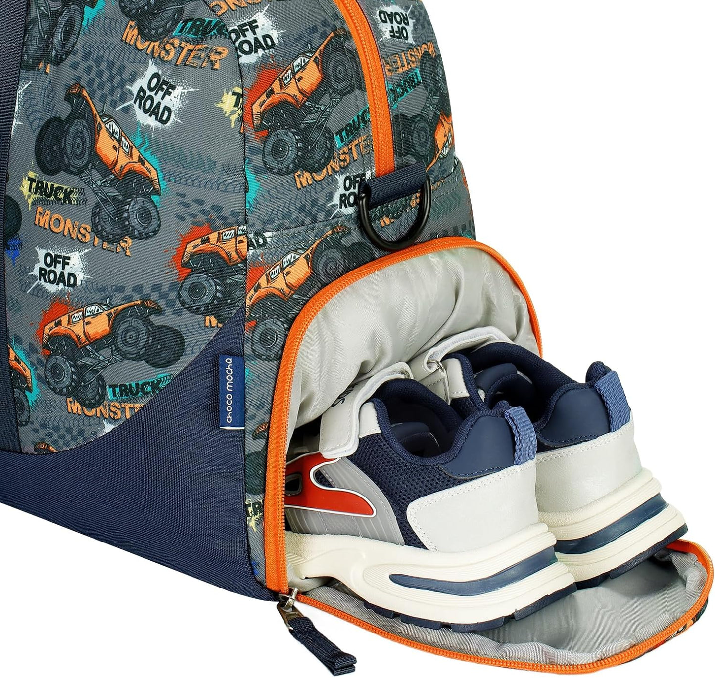 Choco Mocha Kids Duffle Bag Boys - Monster Truck Weekender Overnight Bags for Boy, Orange