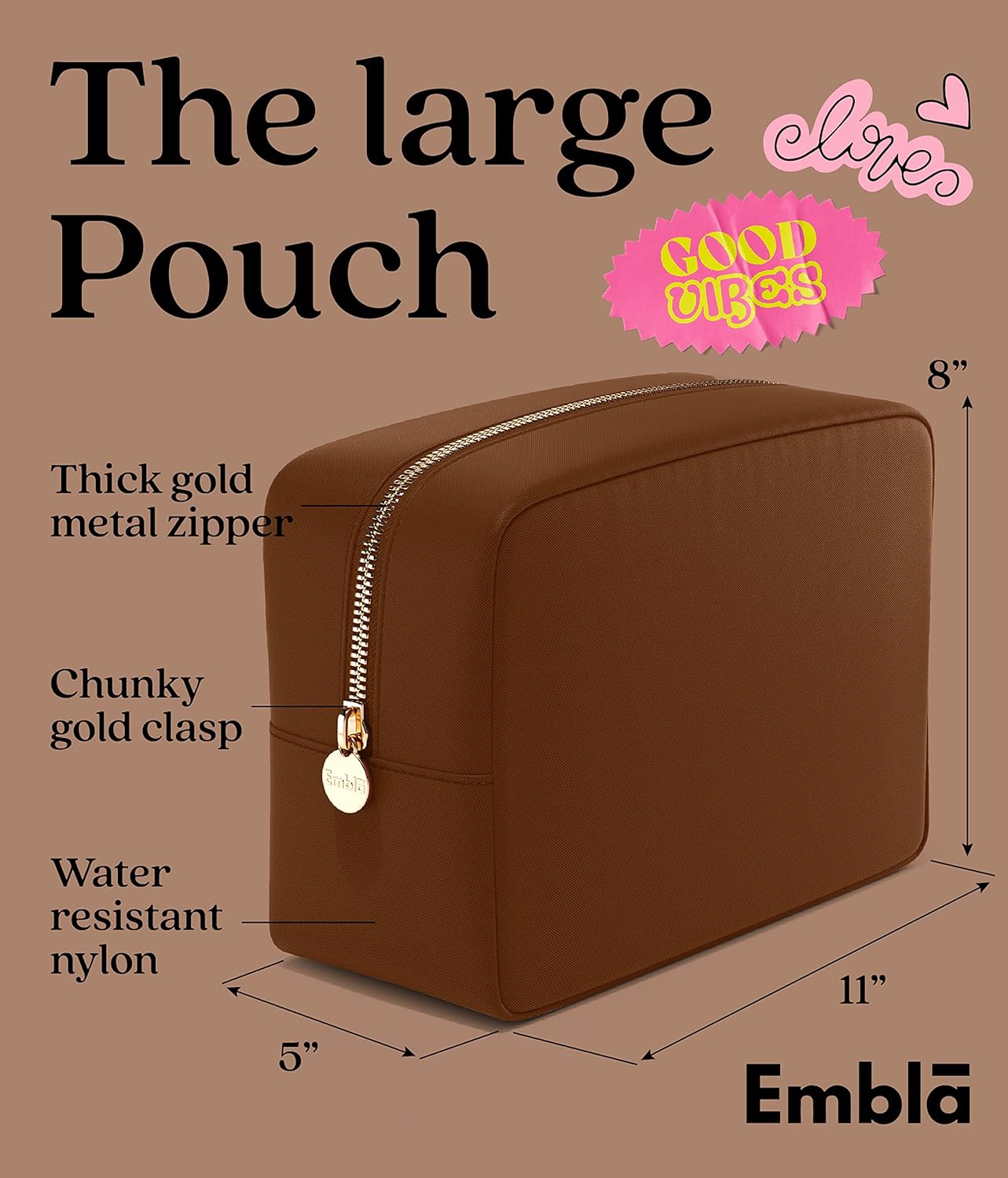 Embla Makeup Bag Travel Cosmetics Pouch and Toiletry Bag, Nylon Zipper Pouch Purse, Cute Make Up Organizer Storage Tote for Women Girls, Waterproof Travel Skincare Case, Large Makeup Bags, Chocolate