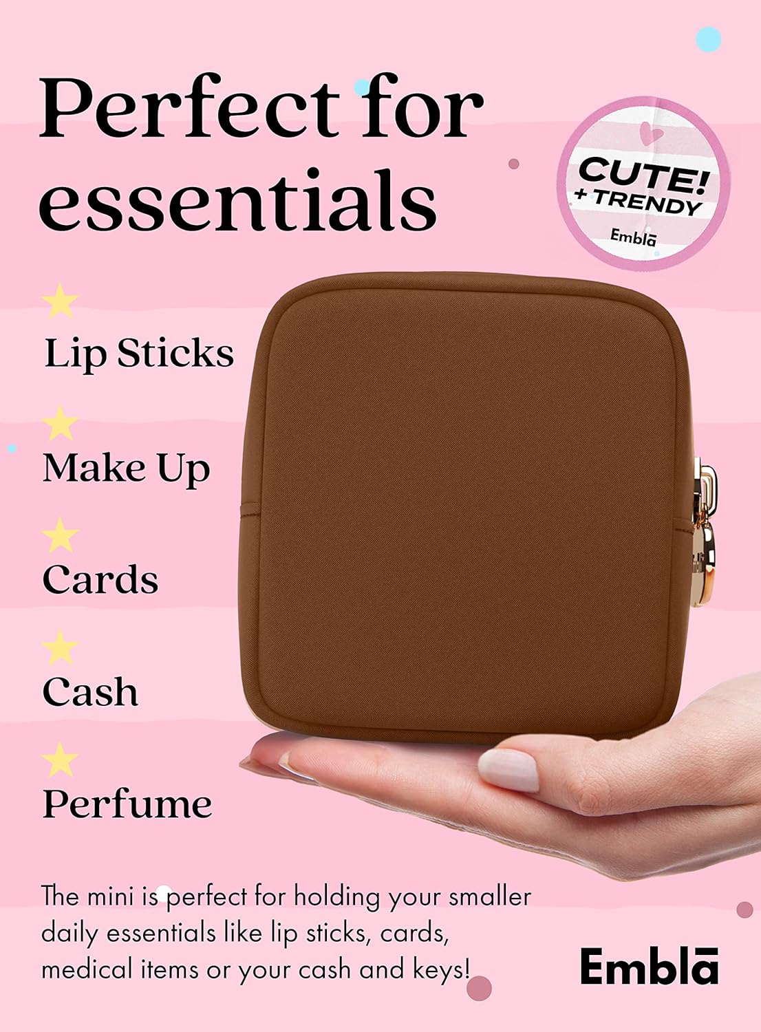 Embla Makeup Bag Travel Cosmetics Pouch and Toiletry Bag, Nylon Zipper Pouch Purse, Cute Make Up Organizer Storage Tote for Women Girls, Waterproof Travel Skincare Case, Small Makeup Bags, Chocolate