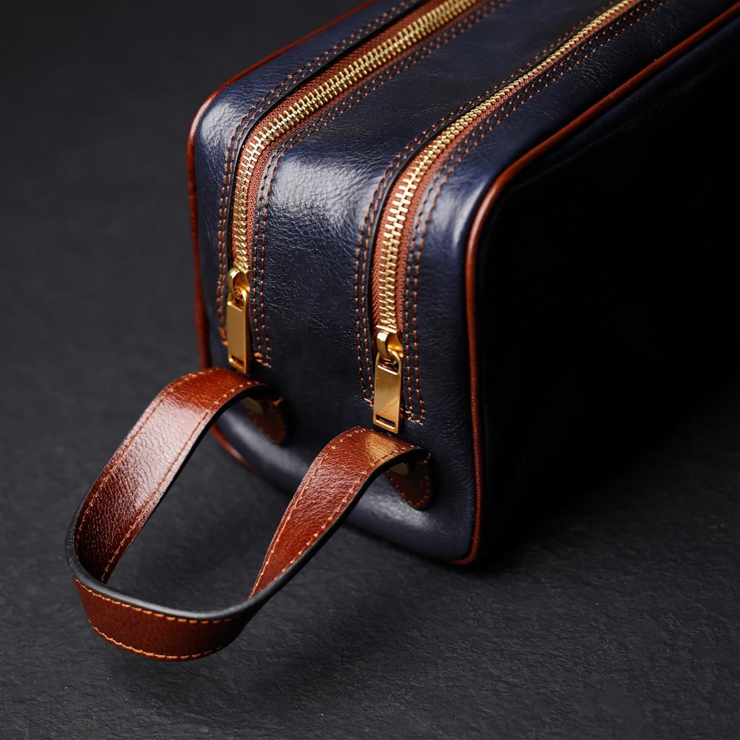 Time Resistance Leather Cosmetic Bag Toiletry Italian Classy Dopp Kit