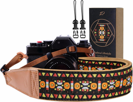 Padwa Lifestyle Camera Strap - 2" Full Grain Leather Ends Camera Straps for Photographers, Vintage Embroidered Cotton Weave Soft Suede Fabric Padded Strap Quick Release fits All Cameras