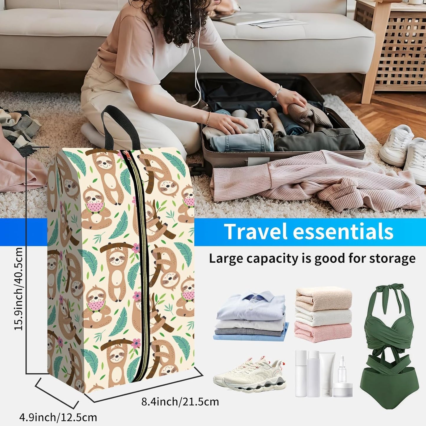 2pcs Shoe Organizer for Travel, Packing Shoe Travel Bags, Cute Shoe Bag with Zipper & Handle, Portable Travel Essentials for Women and Men Cute Sloth
