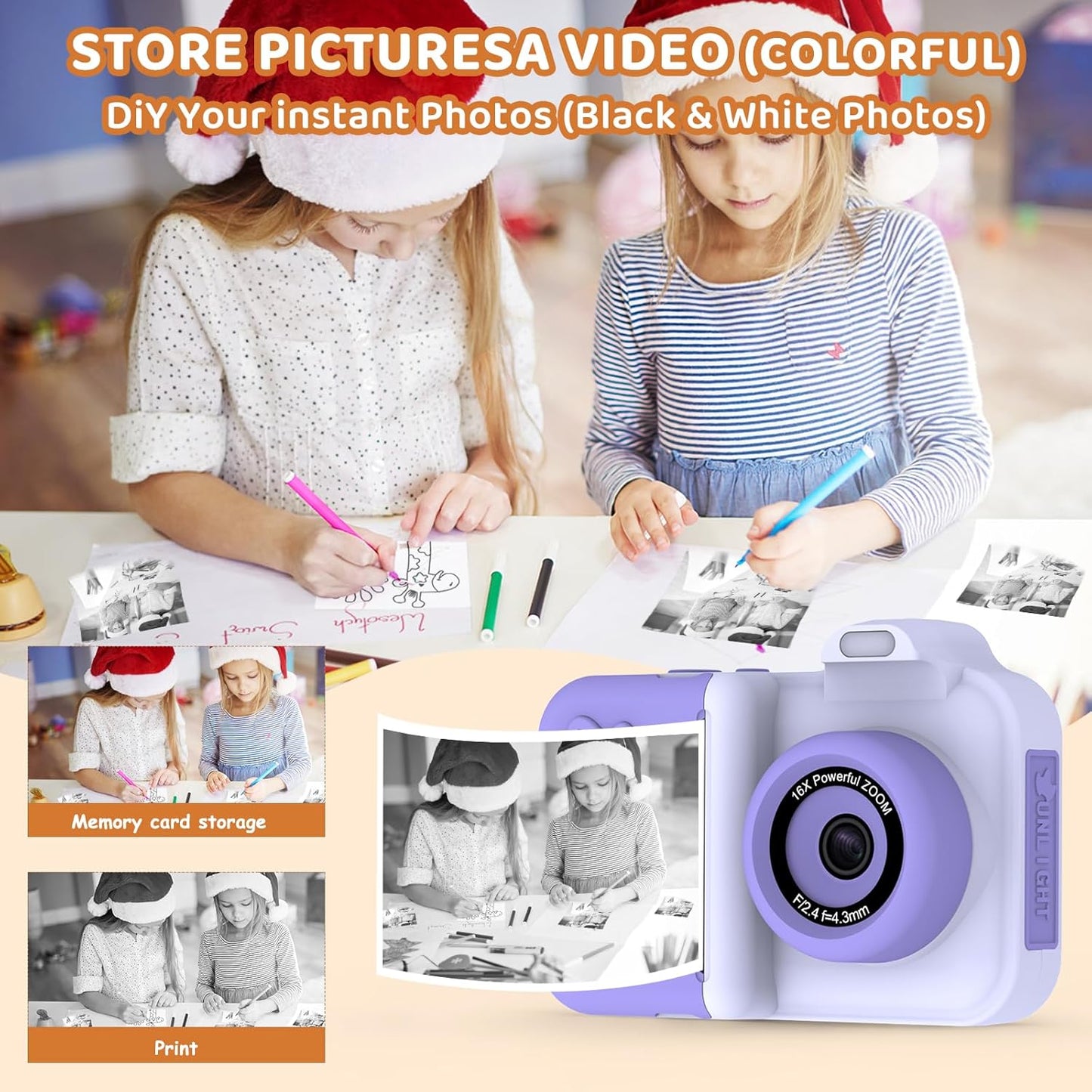 Kids Camera Instant Print, Christmas Birthday Gifts Toys for Girls Boys Age 4 5 6 7 8 9 10 11 12 Years Old,1080P HD Dual-Lens Selfie Digital Camera with 5 Rolls Print Paper Stickers Pens & 32G Card