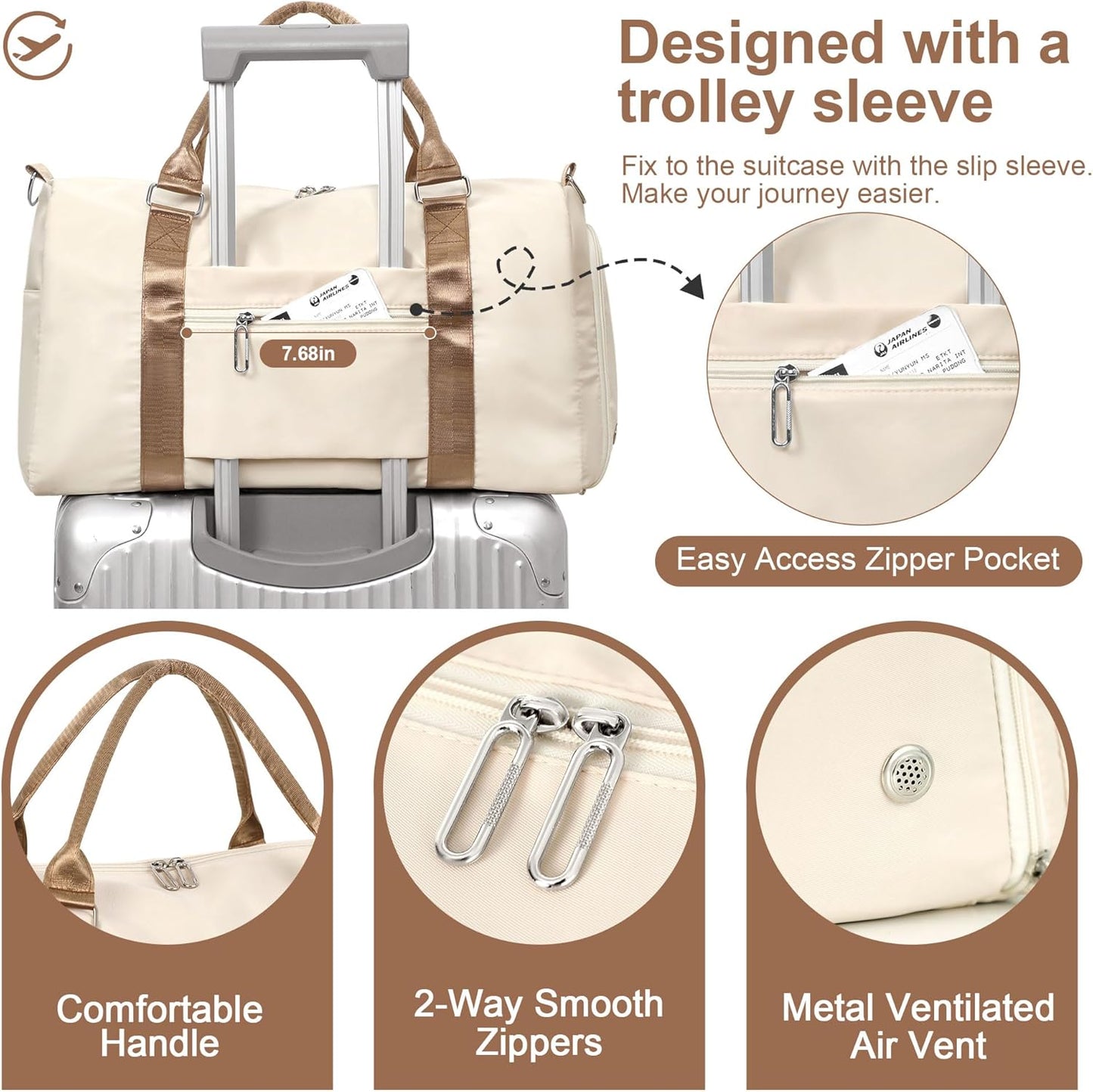 FIORETTO Womens Gym Tote Duffle Bag with Wet Pocket & Shoe Compartment, Sports Duffel Overnight Weekender Hospital Workout Carry on Bag for Girls, Ideal for Travel, Swimming, Dance, Ballet Beige