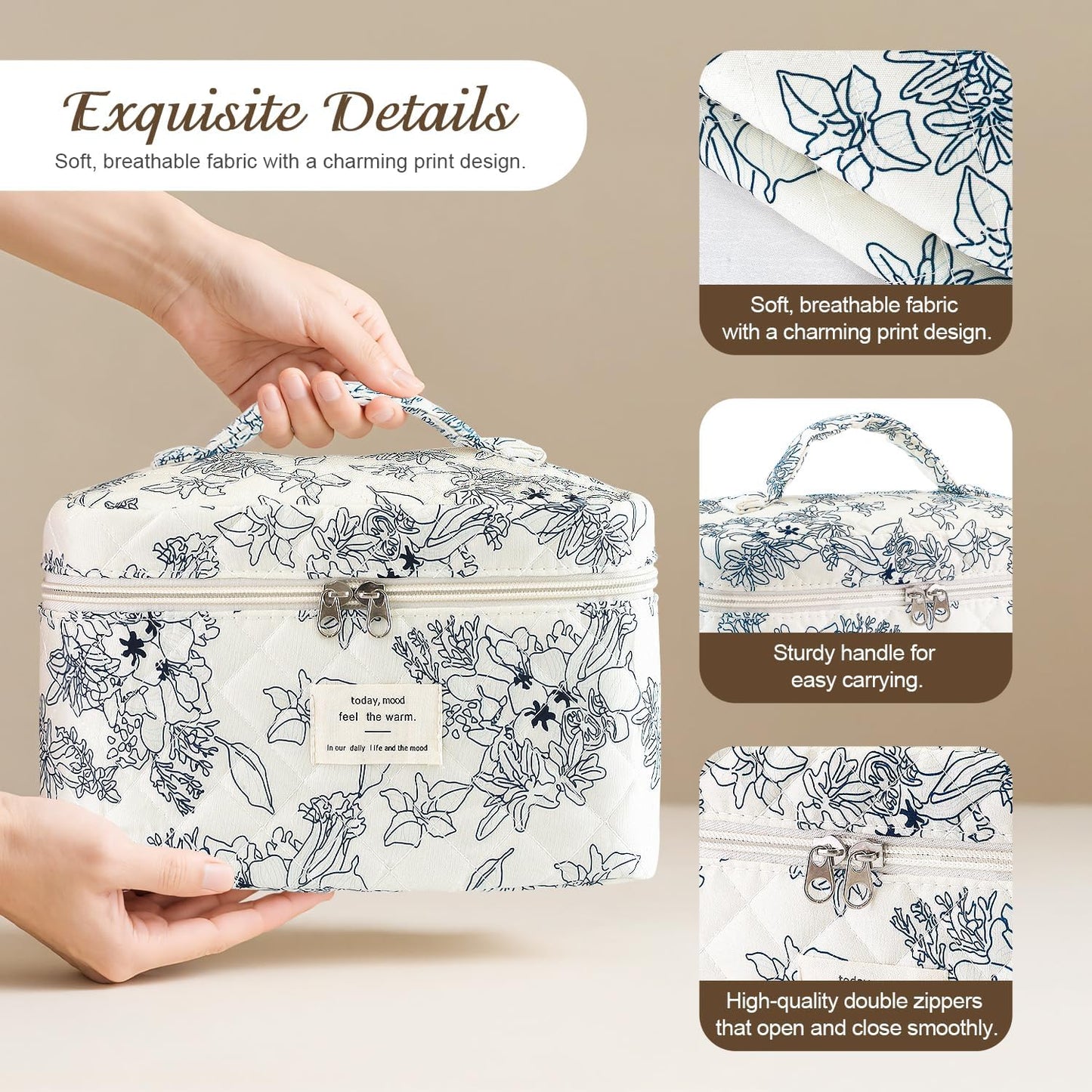 Large Travel Quilted Makeup Bag for Women, Floral Cotton Cosmetic Bag Cute Coquette Aesthetic Floral Toiletry Organizer Bag for Girls Little Blue Flower Cosmetic Zipper Storage Bag