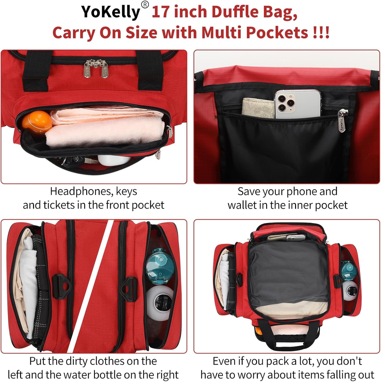 Small Duffel Bag 17 inch Carry On Weekender Bag for Travel Gym Sport (17x10x9 in) - Red