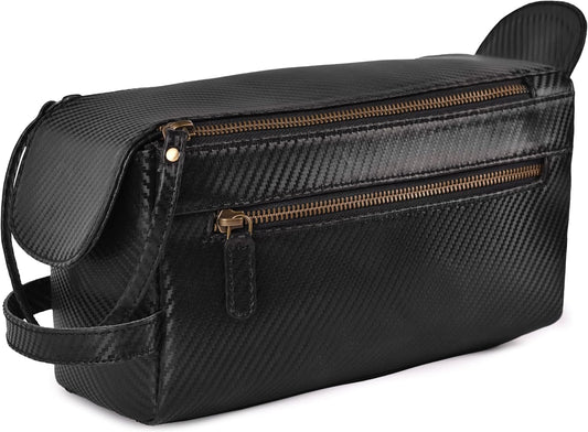 LEATHER VILLAGE Premium Carbon Fiber Genuine Leather Travel Toiletry Bag - Large Compact Dopp Kit, Water-Resistance Shaving & Cosmetic Organizer for Men & Women - Black
