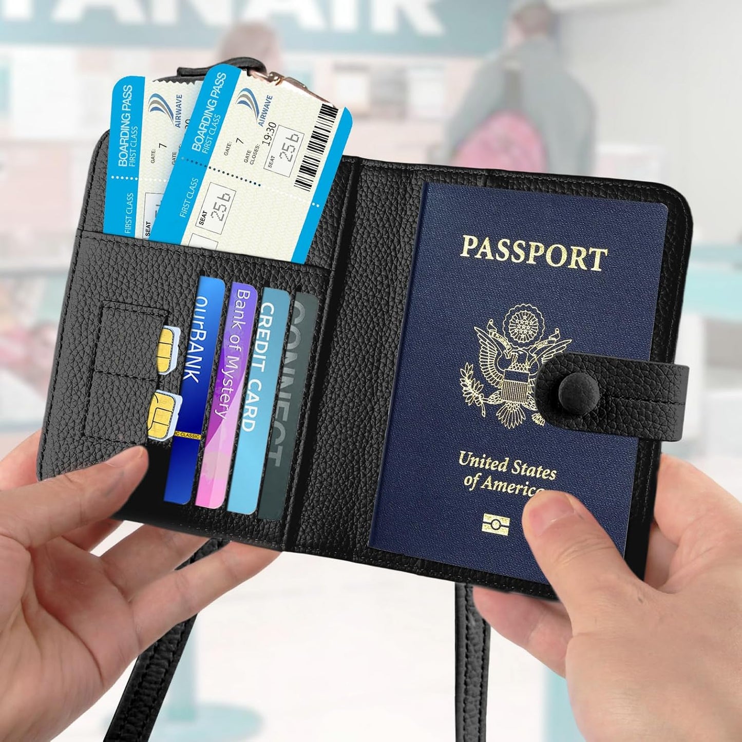 Passport Holder RFID Protected Wallet and Luggage Tag with Protection Cover Travel Accessories Leather Card Case Organizer for Women Men (Black)