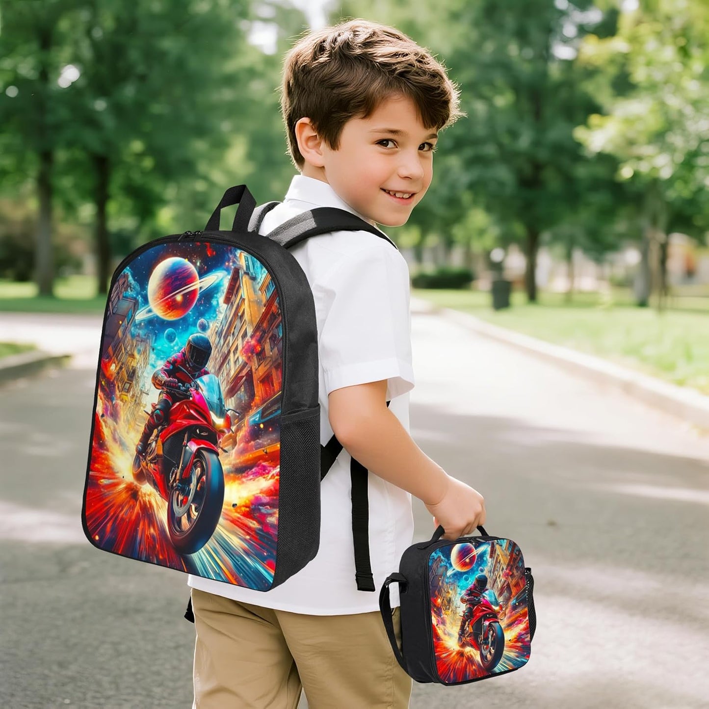 Motorcycle Kid Backpack Set with Lunch Bag & Pencil Case Large Capacity School Bag 17 Inch Bookbag for Boy Girl