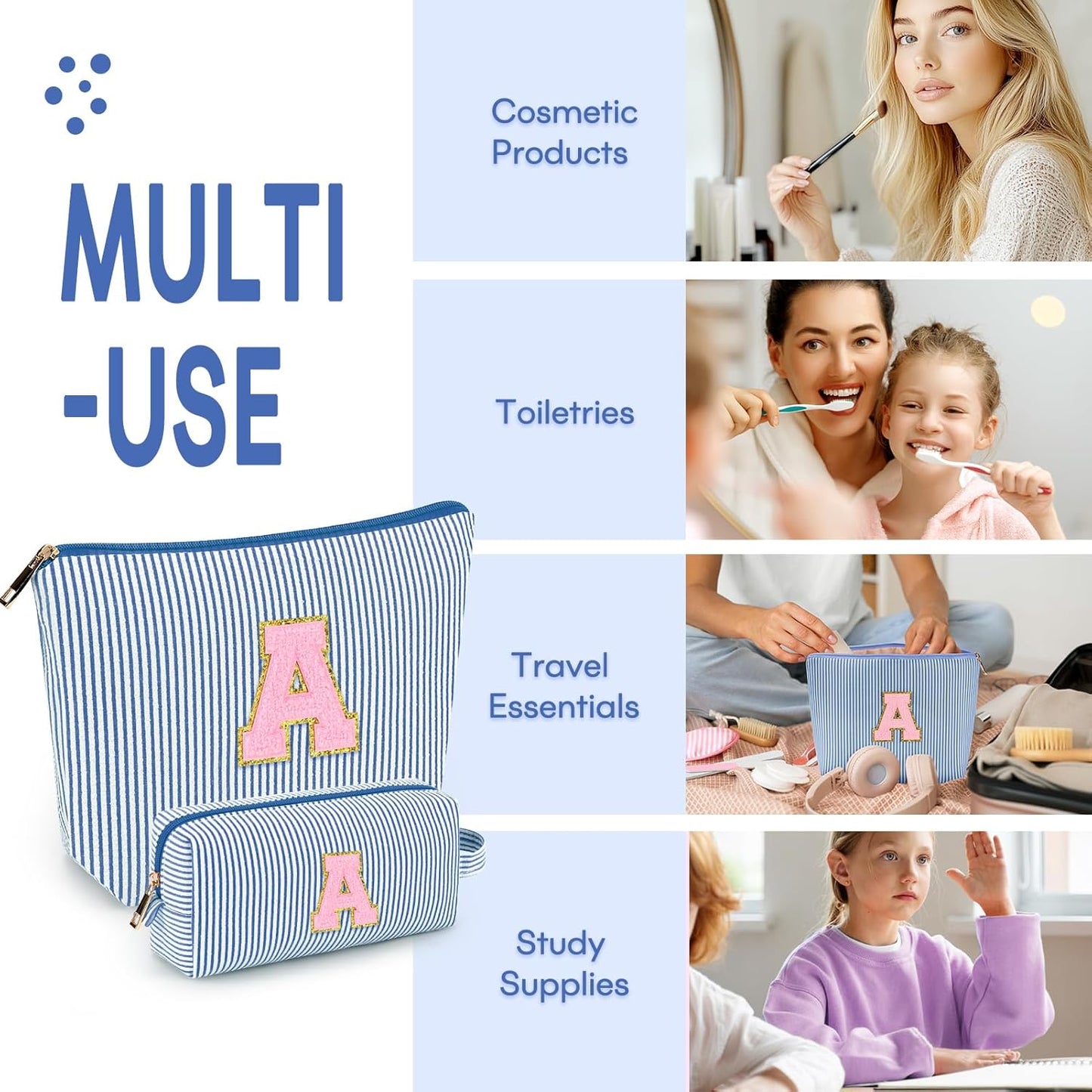 mibasies 2 PCS Initial Makeup Bags for Women: - Birthday Gifts for Teen Girls 11 12 13 14 15 16 Years Old - Preppy Trendy Stuff - Cosmetic Bag for Travel Toiletry - Blue A