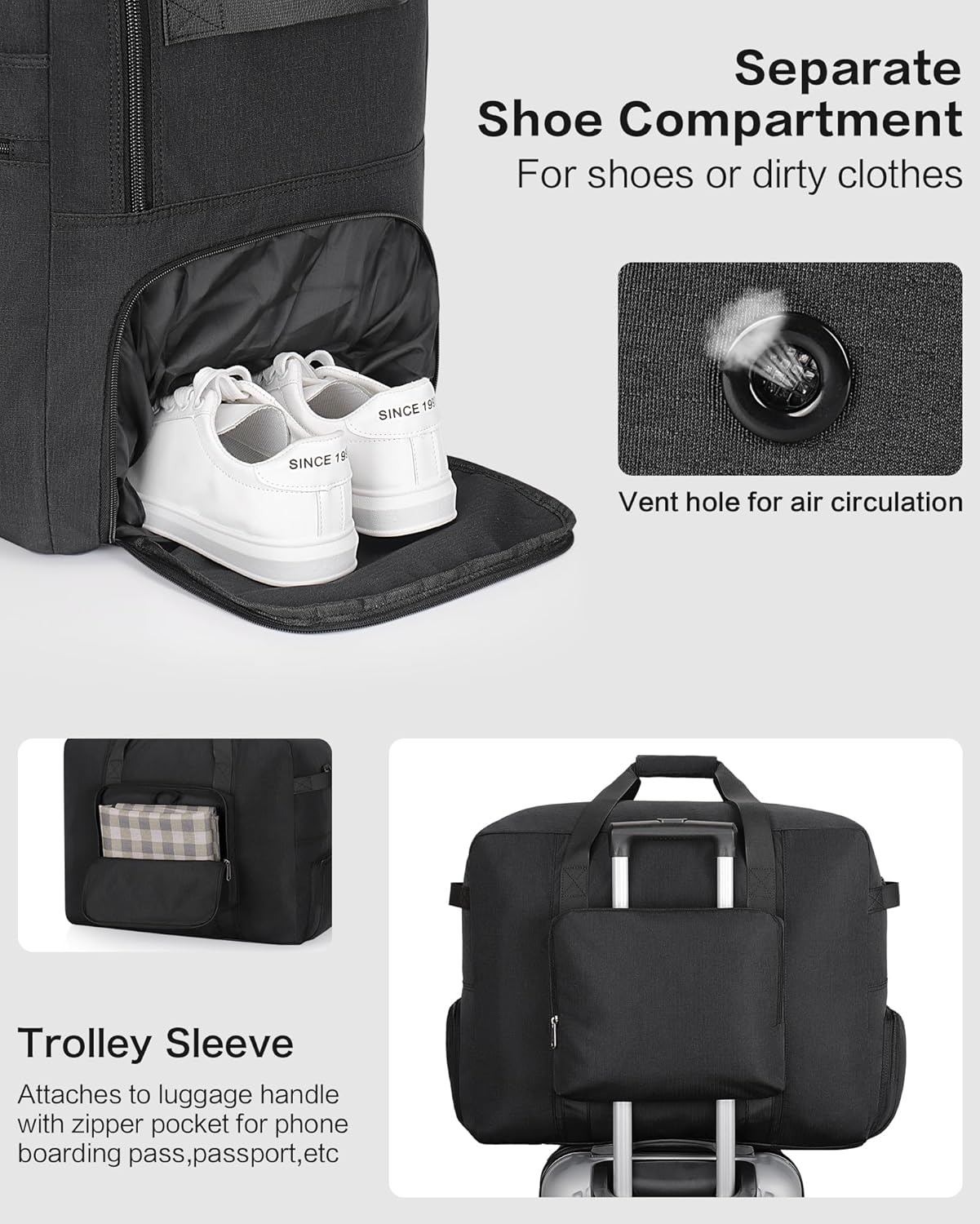 100L Foldable Large Travel Duffle Bag for Men and Women, Packable Duffel Bags with Shoe Compartment, Water Repellent & Tear Resistant (Black)